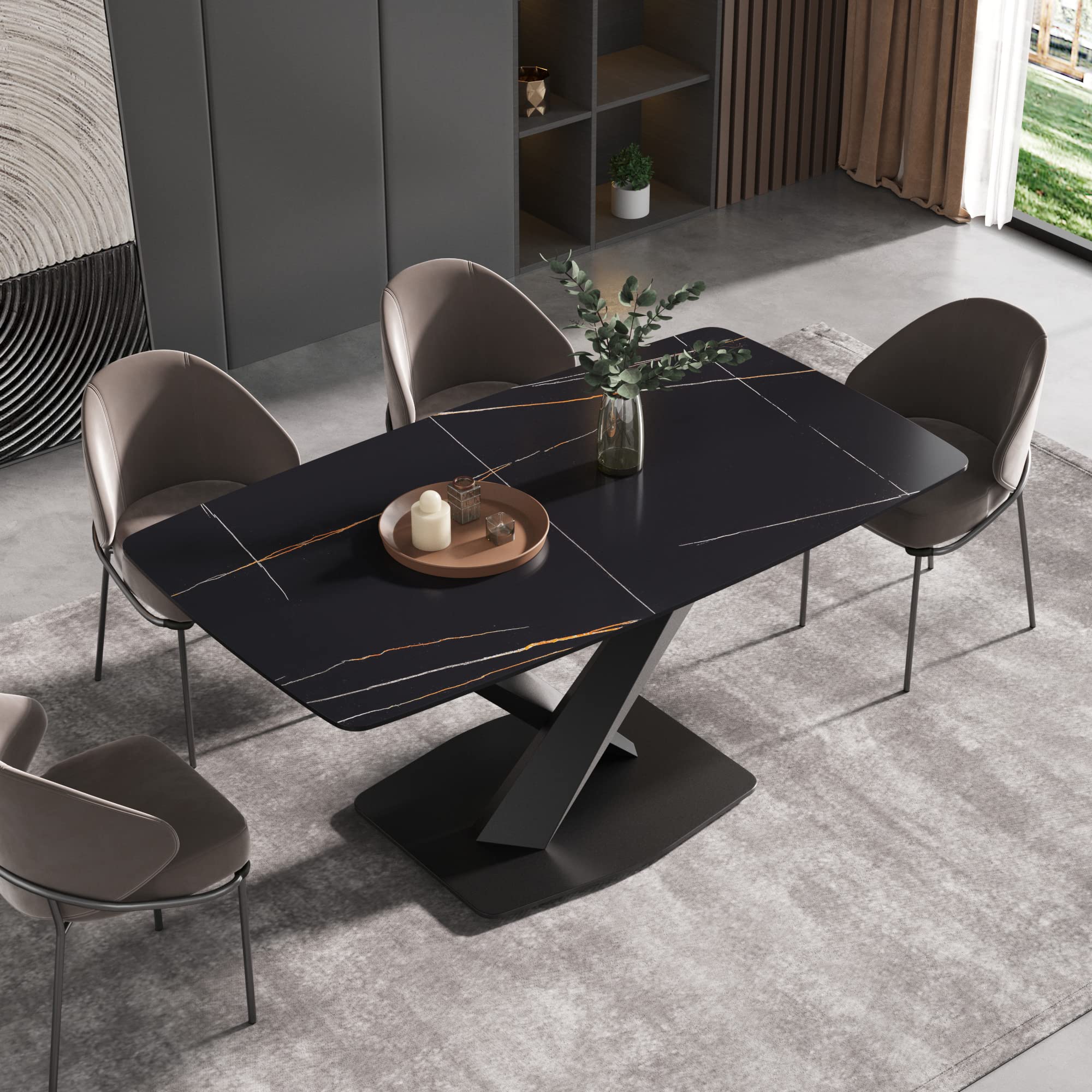 Amazon.com - Modern Dining Table, Black Sintered Stone Tabletop